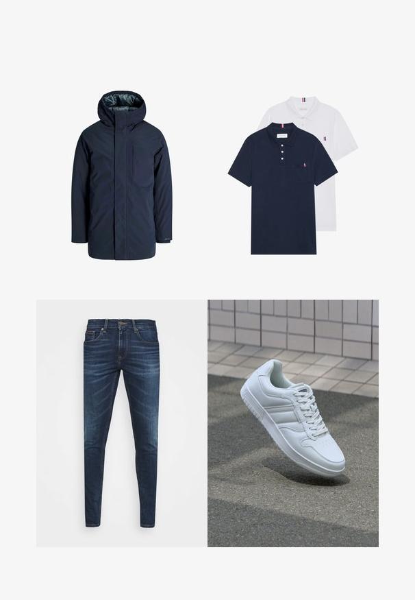 Námořnická vodotěsná bunda s vysokým límcem, nastavitelnou kapucí a náprsní kapsou. Hladký vnější povrch a podšívka pro tepelnou izolaci.; Dvě polo trička: jedno námořnické modré a jedno bílé, obě s malým červeným, bílým a modrým akcentem na kapse a límci.; Tmavě modré džíny z denimu s úzkým střihem, jemným vyblednutím, pěti kapsami a kovovým zapínáním na knoflík. Šité akcenty v kontrastní barvě.; Bílé sportovní tenisky s hladkým koženým svrškem, šněrovacím předním dílem, perforovanou špičkou a vzorovanou podrážkou. Minimalistický design se třemi bočními pruhy.