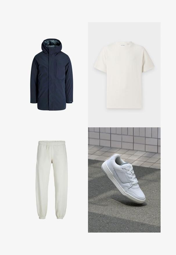 Jūrų mėlynos spalvos vandeniui atsparus švarkas su aukštu apykakle, reguliuojama gaubtu ir krūtine kišene. Lygus išorinis paviršius ir pamuštas vidus, užtikrinantis šilumą.; Balta trumpa rankovė T-polo marškinėlių su juostelėmis tekstūra. Apvalus iškirpimas, laisvas fasonas, jokių matomų raštų ar akcentų. Paprastas ir universalus dizainas.; Baltos sportinės kelnės, pagamintos iš minkštos medžiagos, su elastinga juosmeniu ir rankogaliais, turinčios lygią tekstūrą ir laisvą siluetą.; Baltos odinės sportinės bateliai su perforuotais šonais, tekstūruotais akcentais, plokščiomis raištelėmis ir kontrastingu pilku kulnu. Yra šiek tiek pakelti padas.