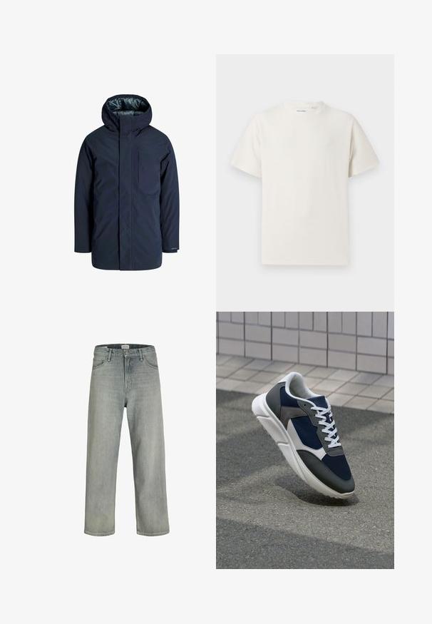 Giacca impermeabile blu navy con colletto alto, cappuccio regolabile e tasca sul petto. Tessuto esterno liscio e interno foderato per isolamento.; T-shirt bianca a maniche corte in texture a coste. Girocollo, vestibilità rilassata, senza modelli o accenti visibili. Design semplice e versatile.; Jeans grigi chiaro, con vestibilità comoda, realizzati in denim. Presentano un classico design a cinque tasche, passanti per cintura e una silhouette a gamba dritta.; Sneaker con tomaia in rete blu navy, inserti in suede grigio, suola in gomma bianca e lacci bianchi piatti, progettata per comfort e traspirabilità.