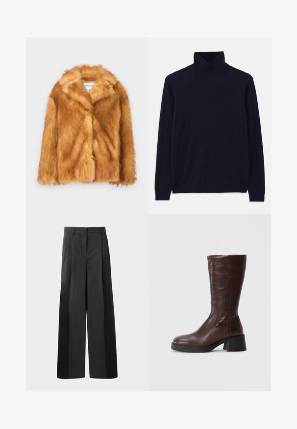 Īss brūns mākslīgās kažokādas mētelis ar plašu apkakli, atvērtu priekšu un mīkstu, teksturētu virsmu, ar regulāru piegriezumu un bez redzamām aizdaru iespējām.; Navy ražas džemperis ar garām piedurknēm, izgatavots no mīkstas adīšanas auduma. Ar ribotām apkaklēm un aprocēm, ar vienkāršu dizainu un bez rakstiem.; Melni platajā kājās bikses ar augsto jostasvietu, kas ar priekšējiem krokām, gludu tekstūru un pielāgotu apdari. Veidotas relaksētai piegrieztei.; Brūni ādas ceļa augstuma zābaks ar teksturētu apdari, kvadrātu purngalu un zemu blokveida papēdi. Iekļauj sānu stitching un nedaudz izsistā topu.