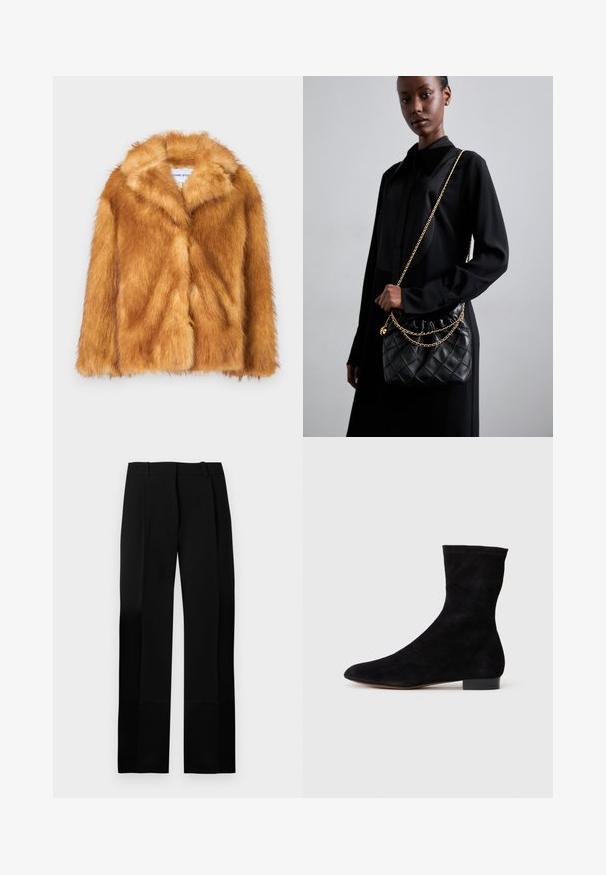 Krótki brązowy płaszcz z sztucznego futra z szerokim kołnierzem, otwartym przodem oraz miękką, teksturowaną powierzchnią, o regularnym kroju i bez widocznych zapięć.; Czarny bezrękawnik z wysokim dekoltem, teksturowana tkanina, pasek wiązany w talii oraz detal w formie otworu w tylniej części.; Czarne spodnie o dopasowanym kroju, gładkiej fakturze, prostych nogawkach i przednich plisach. Posiadają płaski pas i brak widocznych elementów metalowych.; Czarne zamszowe botki za kostkę z dopasowaną cholewką, spiczastym noskiem i niskim blokowym obcasem. Gładka faktura i minimalistyczny design, odpowiednie do wszechstronnych stylizacji.; Czarna pikowana skórzana torebka z marszczonym topem, złotym łańcuchem oraz prostokątnym kształtem, trzymana na jednolitym tle.