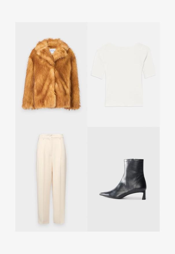 Krátky hnedý kabát z umelého kožúšku s širokým golierom, otvoreným predným dielom a jemným, štruktúrovaným povrchom s regulárnym strihom a bez viditeľných zapínaní.; Biely rebrovaný krátky rukáv s širokým výstrihom. Textúra má vertikálne pruhy, čo zvýrazňuje priliehavý strih a jednoduchý dizajn.; Béžové nohavice na mieru s rovnom strihom, so záhybmi vpredu, hladkým textúrom a stredným pásom. Bez viditeľných vreciek.; Čierne kožené členkové topánky s špicatou špičkou a elegantným dizajnom. Majú nízky podpätok a zips na zadnej strane. Hladká textúra.