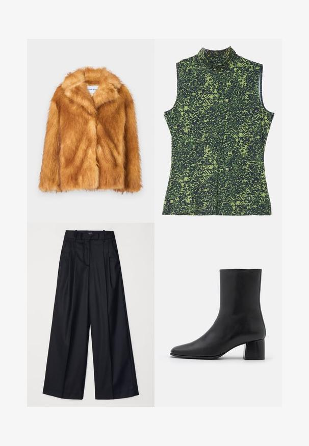 Īss brūns mākslīgās kažokādas mētelis ar plašu apkakli, atvērtu priekšu un mīkstu, teksturētu virsmu, ar regulāru piegriezumu un bez redzamām aizdaru iespējām.; Zaļa un tumši zilā raksta bezpieces tērps ar augstu apkakli, ar teksturētu, organisku dizainu. Mīksta auduma, brīva piegriezuma.; Melnas platas kājas bikses no gludas auduma, ar augstu jostasvietu, krokām un pielāgotu dizainu. Vienkārša melna aparatūra jostasvietā.; Melnas ādas potīšu zābaki ar norādītu pirkstu un masīvu kvadrātveida papēdi. Gluda tekstūra ar bezšuvju dizainu un minimālistisku šuvēm.