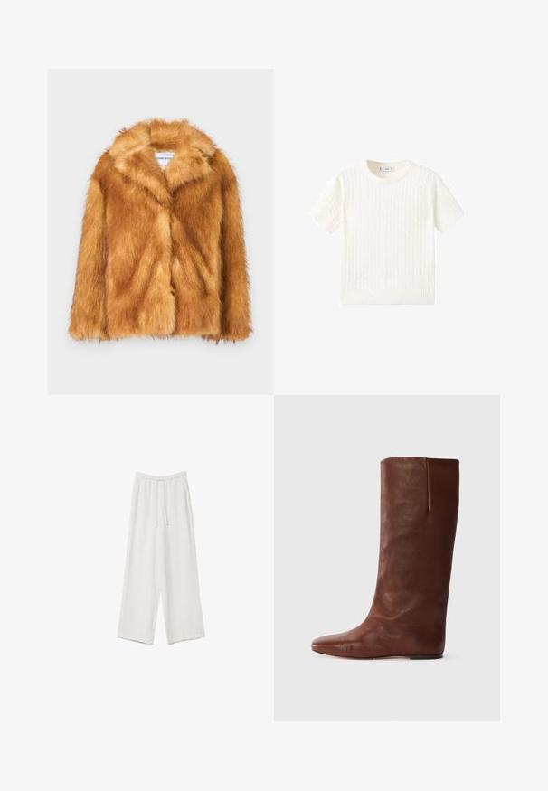 Cappotto corto in pelliccia sintetica marrone, con ampio colletto, apertura frontale e una superficie morbida e testurizzata, dal fit regolare e senza chiusure visibili.; Maglione bianco a maniche corte con motivo a treccia, scollatura rotonda e orlo a coste. Texture morbida, vestibilità casual e design pulito.; Pantaloni a gamba larga bianchi realizzati in un tessuto leggero. Presentano una vita elastica con cordoncino e tasche laterali. Texture liscia.; Stivale in pelle marrone, alto fino al ginocchio, con punta affusolata e design minimalista; texture liscia, senza hardware o decorazioni visibili.