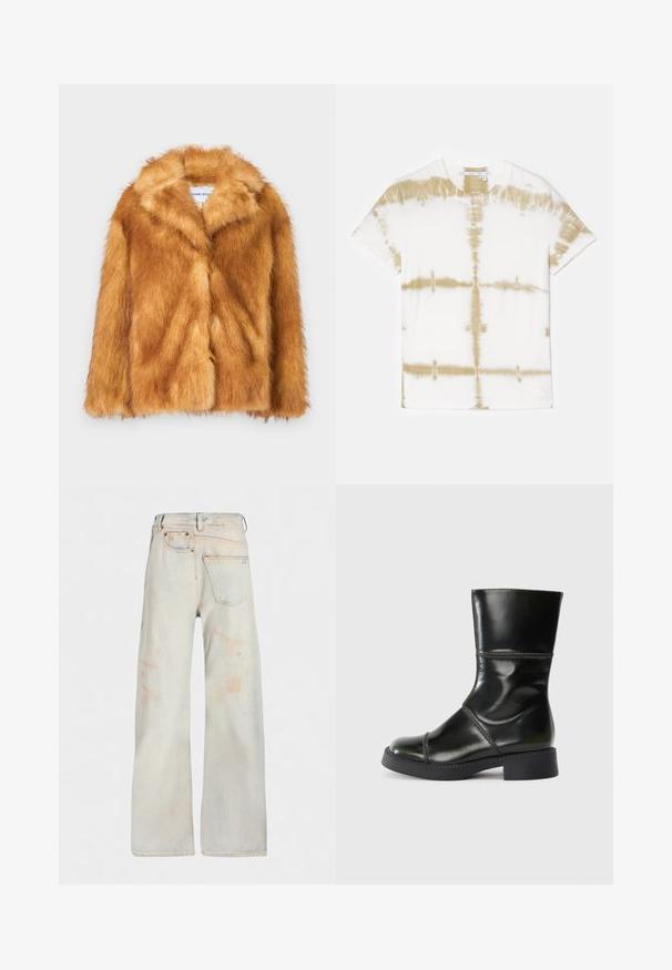 Short brown faux fur coat featuring a wide collar, open front, and a soft, textured surface with a regular fit and no visible fastenings.; Cream-colored cotton t-shirt with a tie-dye pattern in earthy beige. Short sleeves and a round neckline, featuring a relaxed fit.; MM6 Maison Margiela PANTS POCKETS - Straight leg jeans - light blue; Black leather ankle boot with a rounded toe, smooth finish, contrasting stitching, and a block heel, featuring a slightly tapered silhouette.