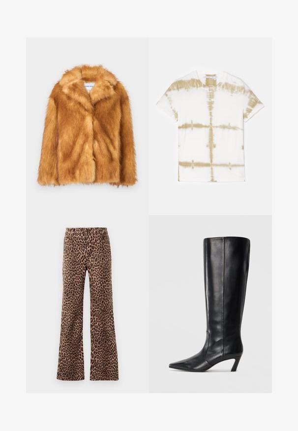 Kort brun kunstpelsjakke med bred krave, åben front og en blød, struktureret overflade med en regulær pasform og uden synlige lukninger.; Cremefarvet bomuld t-shirt med et tie-dye mønster i jordnære beige nuancer. Korte ærmer og rund halsudskæring, med en afslappet pasform.; Bredde bukser med leopardprint i beige og sort, der har en glat tekstur og tapered kant. Designet med standard talje og lommer.; Sorte læderknæhøje støvler med spids tå, slank hæl, glat overflade og minimal syning.