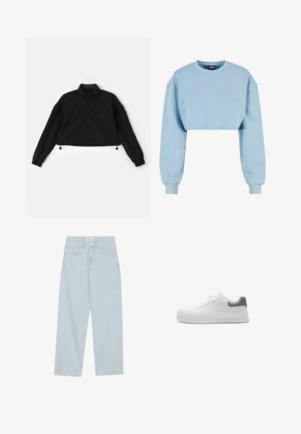 Must värviline lühike jakk kõrgema kraega, esitõmblusega ja elastsete mansettidega. Omab allääres reguleeritavaid paelu ja küljetaskuid, millel on tõmblukud.; Lühendatud helesinist dressipluusi pehme kangaga, millel on pikad varrukad ja kirjatud lilledetail rinnal.; Heledad helesinine laiemate säärega teksapüksid, mis on valmistatud denimist, sisaldavad keskelt kõrge vöökoha, viit taskut ning nööbiga kinnitamist õhuke metallaccent.; Valged tennisesüsd, millel on sile sünteetiline ülemine osa, tekstuuriga hall kannaaktsent, ümar varvas ja paks soonikkoorega tald. Loodud nöörimisega ning minimaalse brändinguga.