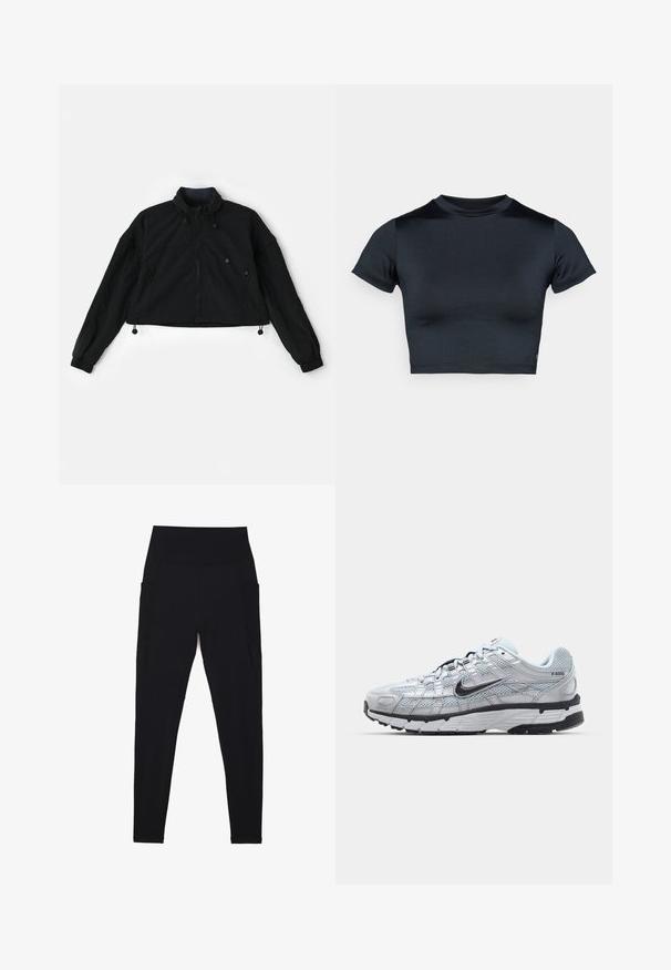 Sort cropped jakke med høj krave, lynlås foran og elastiske manchetter. Har snoretræk i kanten og sidelommer med lynlåslukninger.; Kortærmet cropped top i mørk navy, lavet af glat, stretchstof. Har rund halsudskæring og minimale syningsdetaljer. Ingen synlige logoer.; Sorte leggings med høj, ribstrikket talje, sømløst design, sidelommer og glat tekstur hele vejen igennem.; Nike P-6000 sneakers med en lys grå mesh overdel, sorte accenter og en holdbar sort gummisål. Har et detaljeret design og snøresystem.