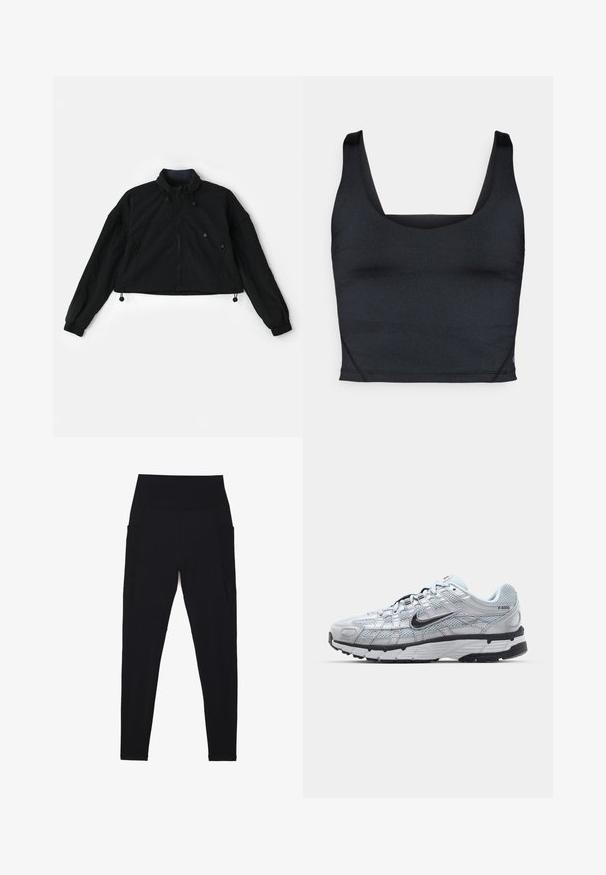 Sort cropped jakke med høj krave, lynlås foran og elastiske manchetter. Har snoretræk i kanten og sidelommer med lynlåslukninger.; Sort cropped tanktop med glat, elastisk stof, brede skulderstropper og firkantet halsudskæring med minimale syningsdetaljer.; Sorte leggings lavet af strækbart stof med en høj, ribbet talje. Features sidelommer og sømløst design for komfort.; Nike P-6000 sneakers med en lys grå mesh overdel, sorte accenter og en holdbar sort gummisål. Har et detaljeret design og snøresystem.
