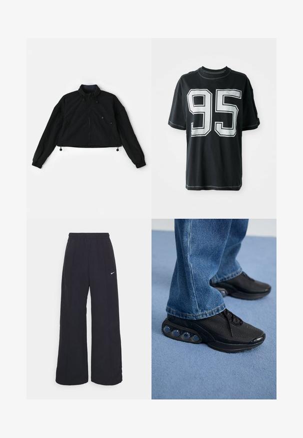Black cropped jacket with a high collar, zip front, and elastic cuffs. Features drawstrings at the hem and side pockets with zip closures.; Black cotton t-shirt with short sleeves, featuring white printed number "95" on the front and contrasting stitching along the edges.; Black wide-leg pants with an elastic waistband and a small white Nike logo. Fabric has a smooth texture, designed for comfort and casual wear.; Black athletic sneakers with mesh upper, textured accents, and visible air cushioning pods in the sole. Worn with blue denim jeans.