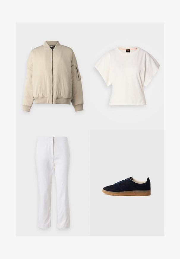 Beige bomber jacket with ribbed collar and cuffs, front zip closure, side pockets, and a small zippered pocket on the sleeve. Smooth texture.; White cropped T-shirt, short wide sleeves, soft cotton material, round neckline with subtle orange trim, minimal design, no patterns or graphics.; White cotton pants with a straight leg design, featuring a mid-rise waist and no visible hardware or patterns. Smooth texture throughout.; Navy suede sneaker with a gum rubber sole, blue laces, and minimalist design. Features embossed logo on the side and smooth inner lining.