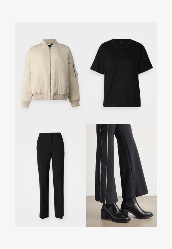 Beez bomber jakk, millel on ribitud kaelus ja varrukad, ees lukuga sulgemine, küljetaskud ja väike lukuga tasku varrukal. Sujuv tekstuur.; Mustmust särk, millel on ümar kaelus, lühikesed varrukad ja tindiga tikitud logo rinnal. Lihtne, mugav lõige ilma mustriteta.; Mustad ja sirged püksid, millel on sile tekstuur ja teravad voldid esiosas. Ilma nähtavate detailideta.; Mustad nahast pahklu_bootid, millel on ploki konts ja elastsed külgpaneelid. Kombineeritud mustade pükstega, millel on valge küljeriba.