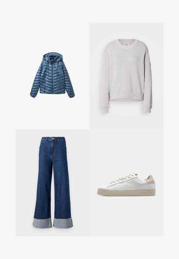 Pateikts zils jaka ar kapuci, kas satur rāvējslēdzēju, sānu kabatas un kviltētu rakstu ar horizontālām un diagonālām līnijām.; Gaiši pelēks džemperis ar apaļu kakla izgriezumu, garām piedurknēm, ribotiem aprocēm un nedaudz saīsinātu apakšmalu. Iekļauts smalks priekšējais šuvums.; Platas kājas džinsu bikses tumši zilā krāsā ar kontrastējošu gaiši zilu apakšmalu un klasisku piecu kabatu dizainu.; Baltas ādas sporta apavi ar gludu virsmu, bēšas zamša akcenti, apaļa pirksta forma, plakans šņorēšanas dizains un tekstūrota gumijas zole.