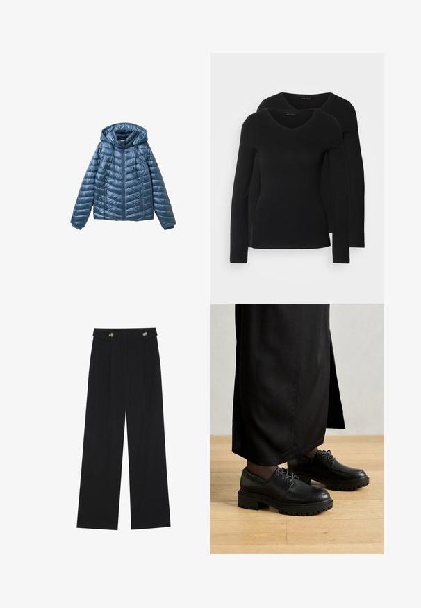 Chaqueta azul acolchada con capucha, que cuenta con un cierre de cremallera, bolsillos laterales y un patrón acolchado con líneas horizontales y diagonales.; Dos camisetas negras de manga larga con diseño de escote en V, confeccionadas en una tela suave y elástica, que muestran una textura lisa y una forma ajustada.; Pantalones de pierna ancha negros con cintura alta, detalles de botones en la cinturilla y pliegues en la parte delantera.; Zapatos de cuero negro con punta redondeada, suela de goma gruesa y cordones. El diseño presenta un bordado decorativo a lo largo de la parte superior.