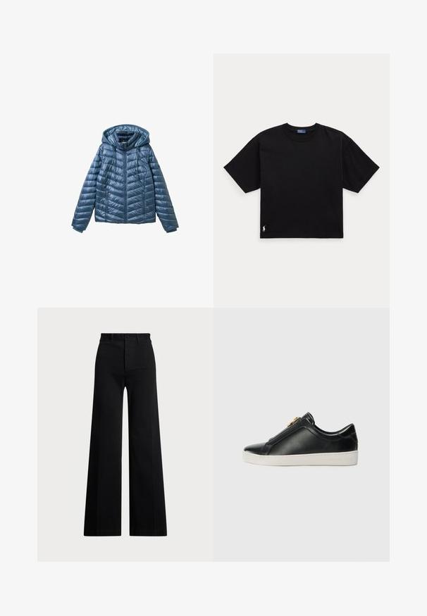 Jachetă cu umplutură albastră, cu glugă, prevăzută cu închidere cu fermoar, buzunare laterale și un model matlasat cu linii orizontale și diagonale.; Tricou din bumbac negru, cu mâneci scurte, guler rotund și un mic logo alb în colțul din stânga jos. Croială clasică, pătrată, cu detalii minime.; Pantaloni negri cu picioare largi, confecționați dintr-o țesătură, având talie înaltă, închidere cu buton în față și buzunare laterale. Textură netedă cu linii curate.; Pantofi negri din piele, cu slip-on, cu o cusătură ridicată, detalii metalice argintii pe partea superioară și o talpă din cauciuc albă cu un logo embosat.