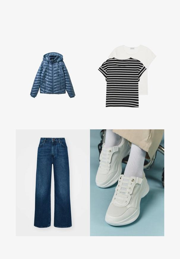 Podložena modra jakna s kapuco, ki ima zadrgo, stranske žepe in prešite vzore z horizontalnimi in diagonalnimi črtami.; Dve majice: ena črno-bela z naramnicami in kratkimi rokavi, ter ena enobarvna bela, obe z okroglim izrezom in sproščenim krojem.; Hlače z visokim pasom in širokimi nogavicami iz temno modrega denima z gladko teksturo, kontrastnim šivanjem in zasnovo s petimi žepi. Sprednje zapiranje na gumb.; Bele teniske z mrežastim materialom, gumene podplate, brez vezalk, z elastikami in zlatimi akcenti.