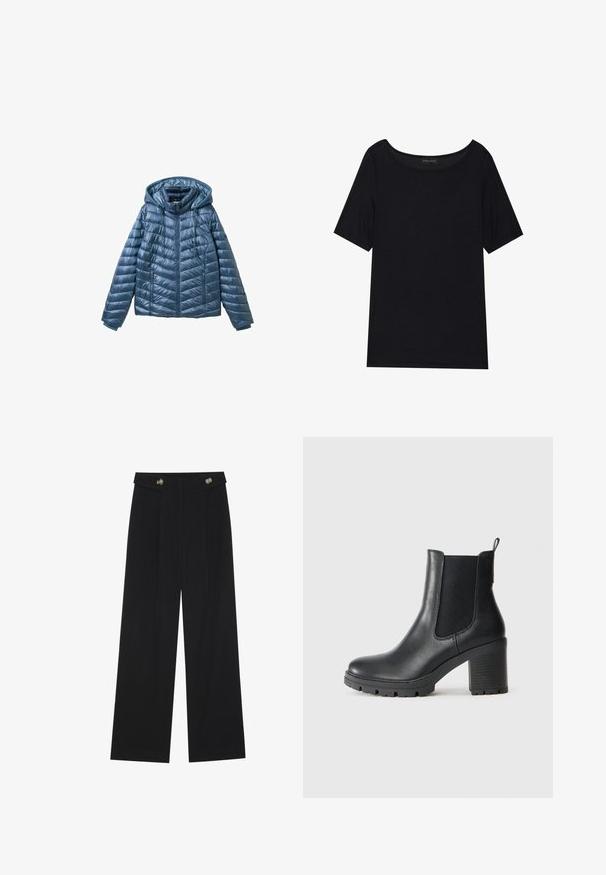 Polstret blå jakke med hætte, der har lynlåslukning, sidelommer og et quiltet mønster med vandrette og skrå linjer.; Sort T-shirt med korte ærmer og bred halsudskæring. Fremstillet af blødt, let stof. Simpelt design uden mønstre eller detaljer.; Sorte vide bukser med høj talje, knapdetaljer på taljebåndet og frontfald.; Sort læder ankelstøvle med elastiske sidepaneler, chunky gummisål og høj blokhæl. Har et trækstrop bagpå.
