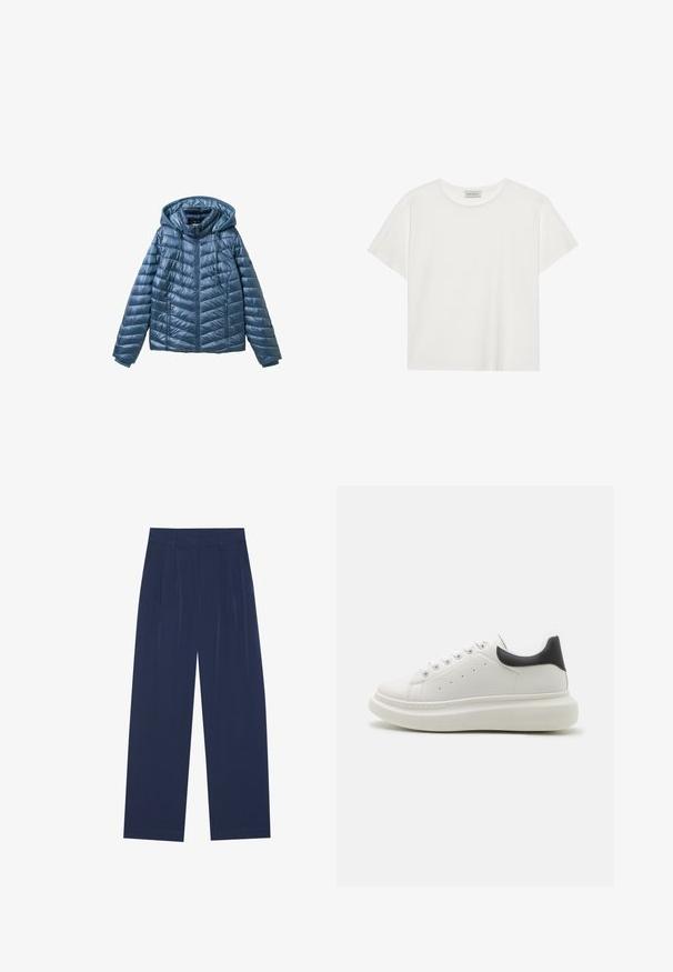 Polsterdatud sinine jakk kapuutsiga, millel on lukuga sulg, küljetaskud ja tikandiga muster horisontaalsete ja diagonaalsete joontega.; Valge lühikeste varrukatega t-särk, mis on valmistatud pehmest puuvillast. Omab ümmargust kaelust ja mugavat lõiget. Puhtad jooned, ilma nähtavate mustrite või aktsentideta.; Tumedat sinised laiad püksid pehmest kangast, millel on esipleekid, sile pind ja sirge lõige, ilma nähtavate taskuteta.; Valged tennisajalatsid, millel on tekstuuriga nahk ülemine osa, ümar varvas, kontrastne must kannaosa ja paks, pehmendustega tallaosa. Omab viit silmust.