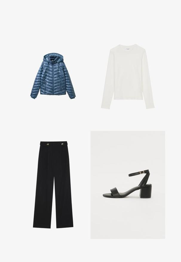 Polstret blå jakke med hætte, der har lynlåslukning, sidelommer og et quiltet mønster med vandrette og skrå linjer.; Langærmet hvid t-shirt lavet af blødt stof, med en rund halsudskæring og et enkelt, strømlinet design uden yderligere mønstre.; Sorte vide bukser med høj talje, knapdetaljer på taljebåndet og frontfald.; Sort hæl sandal med en glat læderoverdel, åben tå, brede frontstropper og justerbar ankelrem med detaljer i guldfarve.