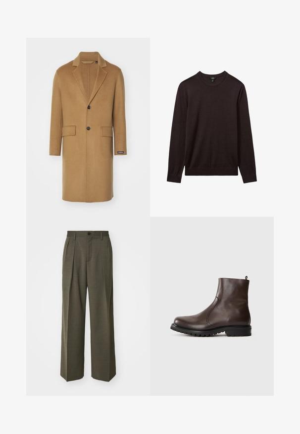 Cappotto lungo in lana color cammello con collo a scialle, due tasche frontali e chiusura con un unico bottone nero. Presenta un'etichetta laterale.; Reiss Maglione - dark bordeaux; Filippa K WIDE TROUSERS - Pantaloni - driftwood; Stivale alla caviglia in pelle marrone con una texture liscia, pannelli laterali elasticizzati, linguetta sul retro e suola in gomma robusta.