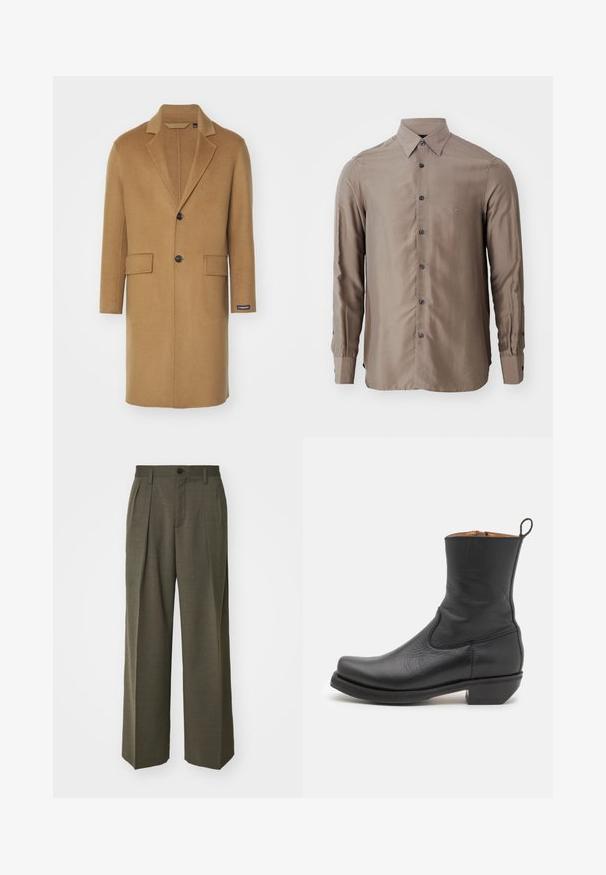 Lange camelkleurige wollen jas met een geknipte kraag, twee voorzakken en een enkele zwarte knoopsluiting. Heeft een zijlabel.; Langarm overhemd in een taupe kleur, gemaakt van een gladde stof, met een knoopsluiting aan de voorkant en donkere knopen, voorzien van een klein logo op de borst.; Filippa K WIDE TROUSERS - Broek - driftwood; Zwarte leren enkelboot met een gladde textuur, slank profiel, zijkanten met stiksels en een lage vierkante hak. Voorzien van een trekband aan de achterkant.