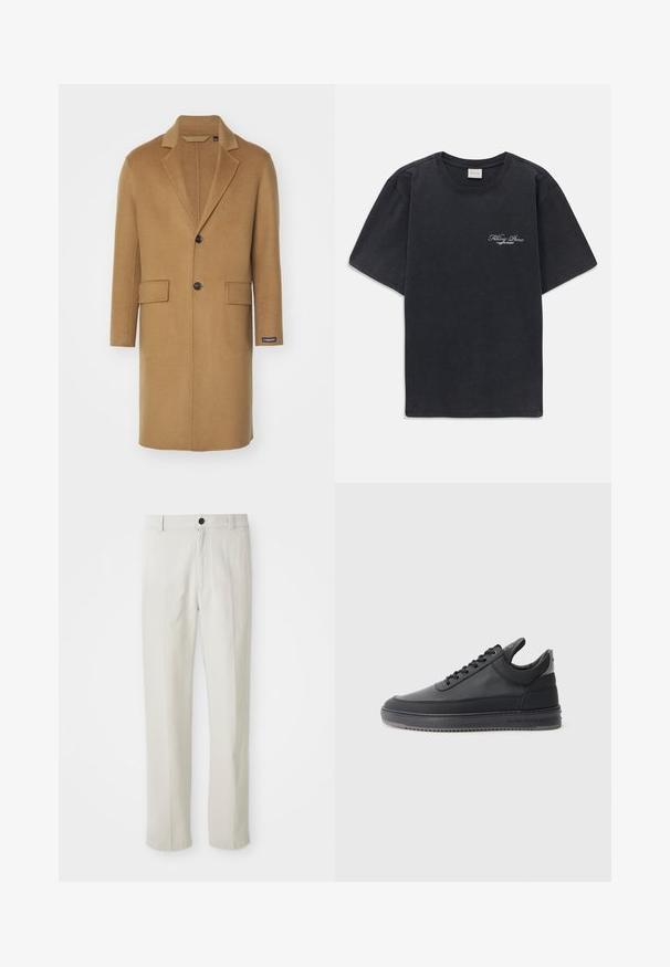 Langer, camel-farbener Wollmantel mit Reverskragen, zwei Seitentaschen und einem einzelnen schwarzen Knopfverschluss. Mit seitlichem Etikett.; Schwarzes T-Shirt mit kurzen Ärmeln und Rundhalsausschnitt, mit kleinem weißen "Filling Pieces"-Textlogo auf der linken Brust.; Beige gerade geschnittene Hose mit Gürtelschlaufen, vorderem Knopf und Reißverschluss, flach auf einem weißen Hintergrund präsentiert.; Schwarze Leder-Sneaker mit strukturierter Oberfläche, Schnürdesign, niedrigem Schaft und grauler Gummisohle mit geriffeltem Rand.