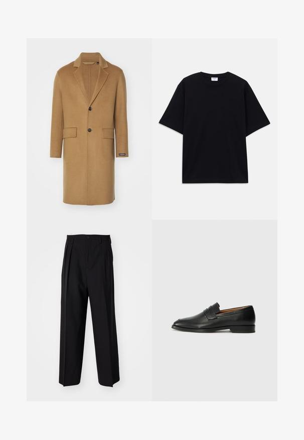 Cappotto lungo in lana color cammello con collo a scialle, due tasche frontali e chiusura con un unico bottone nero. Presenta un'etichetta laterale.; T-shirt oversize nera a maniche corte con scollatura rotonda e etichetta del marchio Filippa K visibile all'interno del colletto.; Pantaloni neri a pieghe con un design dritto e gamba larga. Realizzati in tessuto morbido, con chiusura a bottone e passanti per cintura.; Mocassino in pelle nera con punta arrotondata, dettagli cuciti sottili e tacco basso, caratterizzato da una texture liscia e un design minimalista.