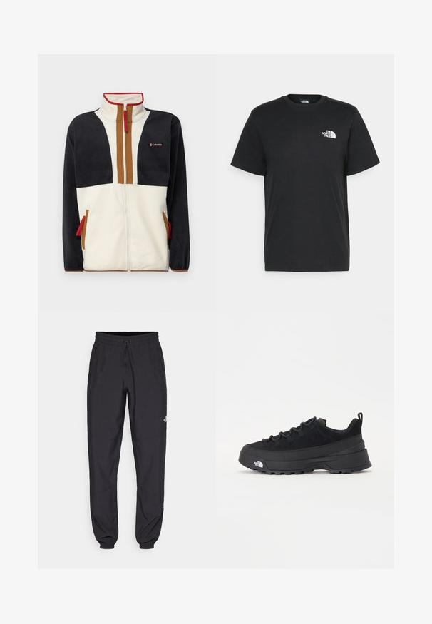 Fliisjakker, millel on kõrge krae, tõmblukk ja värvilise plokiga disain, kus on sinine, kreemja ja pruuni sektsioonid. Punased tõmbluku aktsendid.; Musthave musta puuvillane T-särk lühikeste varrukatega, ümmargune kaelus ja väike valge logo vasakul rinnal. Lihtne disain, sile tekstuur ja mugav lõige.; Mustavad sportlikud püksid, mis on valmistatud kergest kangast, joonlauaga taljest, küljetaskudega ja kitsenevate varrukatega pahkluude juures.; Must musta jalats, millel on sametised ülemused, tekstuuriga kummist põhi ja vastupidav sidumise süsteem. Omab tugevdust kannaosas ja brändi logo küljes.