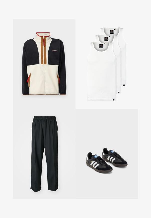 Fleece bunda s vysokým golierom, zipsom a farebným blokovaním v námorníckej, krémovej a hnedej farbe. Červené akcenty na zips.; Tri biele rebrované tielka vyrobené z bavlny. Majú okrúhly výstrih a malé čierne štítky pri leme. Dostupné v rôznych veľkostiach.; Čierne športové nohavice s elastickým pásom, vyrobené z hladkého materiálu, s jemným bočným šitím a voľným strihom, rovný strih.; Čierne tenisky so zvrškom z semišu a syntetického materiálu, s tromi bielymi pruhmi, štruktúrovanou gumovou podrážkou a modrou logovou etiketou na jazyku.