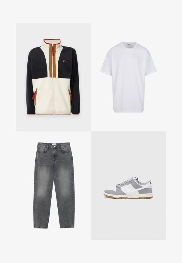 Fliisjakker, millel on kõrge krae, tõmblukk ja värvilise plokiga disain, kus on sinine, kreemja ja pruuni sektsioonid. Punased tõmbluku aktsendid.; Valge puuvillane t-särk lühikeste varrukatega, ümmarguse kaelusega, lõdva lõikega ja ilma nähtavate logodeta või mustriteta. Sile tekstuur ja minimaalne disain.; Kõrgema vöökohtadega, lõdva lõikega teksad, mis on valmistatud tuhmist mustast denimist. Selles on viis taskut, traksid ja puhas, sirge säärelõige.; Halli ja valge tennis鞋, millel on nubuk- ja nahkdetailid, ümar varvas, lamedad nöörid ning kummist tald, millel on kola aktsent.