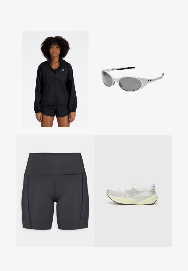 Svart lättviktsjacka med dragkedja fram, hög krage, elastiska ärmslut och samlad nederkant. Har en liten reflekterande logotyp på bröstet.; Svart atletisk t-shirt med korta ärmar, tillverkad av lättviktsmaterial. Har ett subtilt texturerat mönster och en liten vit logotyp på bröstet.; Svarta högmidjade shorts tillverkade av stretchigt material, med sidofickor, plana sömmar och en slät yta för komfort under aktiviteter.; Lättvikts löparskor med ett grått och vitt nätöverkast, en framträdande 'N' logotyp och en gul mellansula med vinklade detaljer. Svart yttersula.; Vita plastsolglasögon med stora ovala linser, gråtonade. Har svarta örongrepp och en liten logotyp på ramen. Slät yta.
