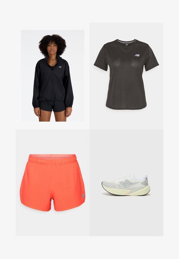 Čierna ľahká bunda s predným zipsom, vysokým golierom, elastickými manžetami a zhromaždeným lemom. Obsahuje malé reflexné logo na hrudi.; Čierne športové tričko s krátkymi rukávmi, vyrobené z ľahkej tkaniny. Má jemný štruktúrovaný vzor a malé biele logo na hrudi.; Pánske bežecké šortky v jasnej koralovej farbe, vyrobené z priedušného materiálu s perforovanou textúrou. Majú elastický pás a modrý logo akcent.; Ľahká bežecká obuv s šedo-bielou sieťovinou, výrazným logom 'N' a žltou medzipodrážkou s šikmými akcentmi. Čierna podrážka.