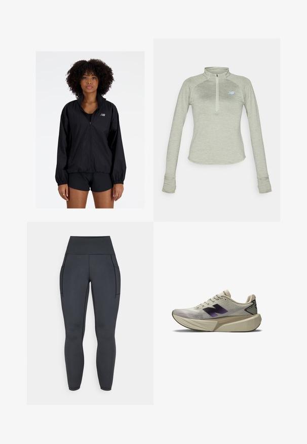 Must valdavalt must jakk, millel on lukuga esiülesanne, kõrge krae, elastsed varrukad ja kogutud alumine äär. Ees on väike peegeldav logo rinnal.; New Balance ATHLETICS GRID 1/2 ZIP - Pikkade varrukatega topp - garter snake heather; Kõrge vöökohaga mustad legginsid, mis on valmistatud elastsetest ja siledatest kangast. Omavad kahte küljetaskut ja kontrastsete õmblustega õmblused.; Heled beeži spordijalanõud paksu tallaga, musta ja lillat värvi "N" logo küljel ning "FantomFit" silt kanna ühel poolel.