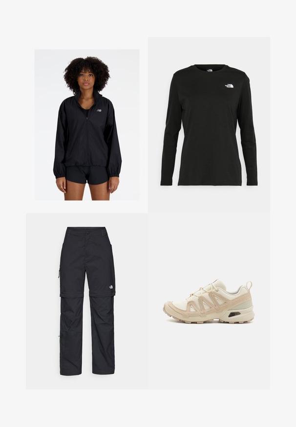 Musta kevytrakenteinen takki, jossa on vetoketjukiinnitys, korkea kaulus, elastiset hihat ja rypytetty helma. Takissa on pieni heijastava logo rinnassa.; Musta pitkähihaisen t-paita, joka on valmistettu puuvillasta ja jossa on pyöreä kaula-aukko. Vasemmassa rinnassa on pieni valkoinen logo. Yksinkertainen muotoilu ja istuvuus.; Mustat nailonista valmistetut irrotettavat cargo-housut säädettävillä lahkeilla, useilla taskuilla ja logolla oikeassa jalassa. Liukas, kevyt rakenne.; Beige ja kreemi värvi sportlikud jalanõud, millel on tekstiilne mesh ülemine osa, toetavad ülekatted ja kummist tald, millel on mustripattern haardeks.