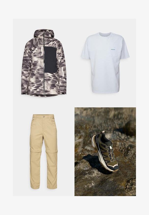 Kurtka z kapturem w czarno-szarym, abstrakcyjnym wzorze wody. Posiada jednolitą, czarną panel na klatce piersiowej oraz zamek błyskawiczny na całej długości.; Biała bawełniana koszulka z krótkim rękawem, okrągłym dekoltem i kieszonką na lewej piersi z niebieskim logo "Patagonia". Klasyczny krój o gładkiej fakturze.; Beżowe spodnie z zamkiem błyskawicznym, o gładkiej fakturze, z dwiema bocznymi kieszeniami, zapięciem na guzik i podwijanymi mankietami dla wszechstronności.; Buty trekkingowe w oliwkowym zielonym i czarnym kolorze z różowymi akcentami. Posiadają teksturowaną górę, elastyczną podeszwę, wzmocniony czubek oraz kolorowy system sznurowania.