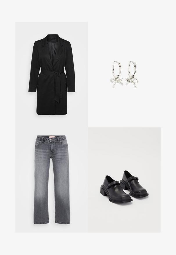 Cappotto nero con un design strutturato, rever a punta, maniche lunghe, cintura a fiocco in vita e finitura in tessuto texturizzato.; Due magliette aderenti in bianco e grigio chiaro. Entrambe hanno maniche corte, un collo rotondo e una texture a coste. Realizzate in tessuto morbido.; Jeans in denim grigio con design a gamba dritta, stile a cinque tasche, leggera sbiaditura e chiusura con bottone in vita.; Scarpe in pelle nera con punta arrotondata, suola piatta e una cintura con dettaglio fibbia. Tacco a blocco spesso per una maggiore stabilità.; Orecchini a cerchio argentati con design a fiocco, con una finitura liscia e una texture lucida. Stile compatto e minimalista adatto per diverse occasioni.