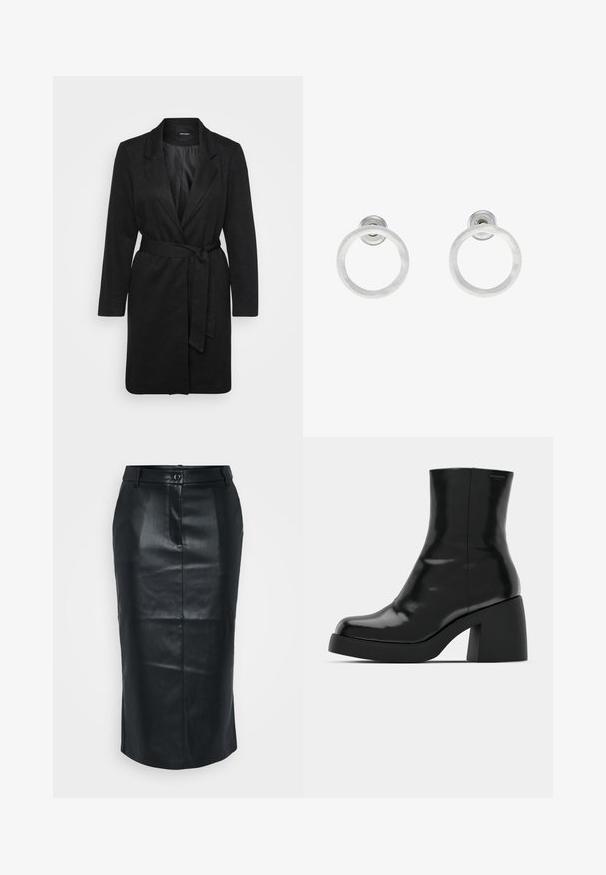 Melna mēteli ar strukturētu dizainu, ar ielocītām apkaklītēm, garām piedurknēm, jostu viduklī un teksturētu auduma apdari.; Even&Odd Petite 2 PACK - Tops - light grey/black; Melnas ādas zīda svārki ar augstu jostas vietu, aizmugures šķēlumu, gludu tekstūru un vienu pogu. Izturīgs, pielāgots dizains.; Melnas potītes zābaku ar spīdīgu apdari, kvadrātveida pirkstu un biezu bloku papēdi. Dizainā ir bezšuvju siluets un minimāla zīmola identitāte.; Sudraba metāla gredzenveida auskari ar matētu faktūru, ar apaļu dizainu un caurspīdīgu aizdari, lai nodrošinātu drošu valkāšanu.