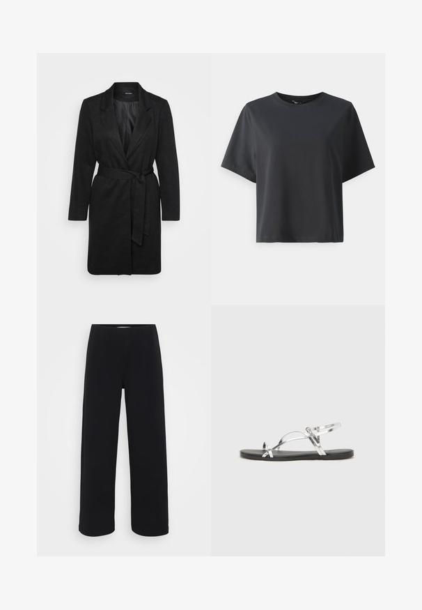 Svart frakk med en strukturert design, skrå lapeller, lange ermer, belte i midjen og en teksturert stoffoverflate.; Svart bomull T-skjorte, korte ermer, rund hals, avslappet passform, jevn tekstur, enkel design, ingen mønstre eller aksenter.; Svart bukser med vid benvidde og elastisk midjebånd. Laget av et strukturert materiale, med en løs passform og rett snitt fra hoftene til sømmen.; Sølvfargede metall sandaler med et minimalistisk design, som har tynne stropper og en sort flat såle. Fremhevingene inkluderer kryssremmer.
