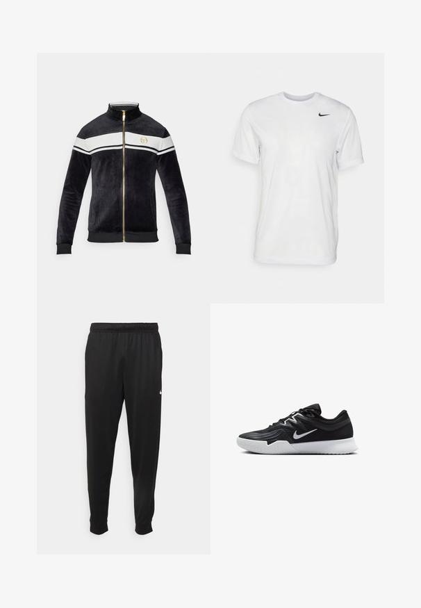 Fekete bársonyból készült zipzáros dzseki magas gallérral, fehér csíkokkal a mellkason, arany színű kiegészítőkkel és logó részlettel. Bordázott mandzsetták és szegély.; Fehér, rövid ujjú póló, sima anyagból készült. Kerek nyakkivágással és egy kis fekete Nike logóval rendelkezik a bal mellen.; Fekete sportos nadrág sima anyagból, rugalmas derékkal, szűkülő lábakkal és egy kis fehér logóval a bal oldalon.; Fekete sportcipő texturált felsőrésszel, fehér Nike logóval és fehér gumitalppal. Fűzős kialakítással és dinamikus formával rendelkezik.