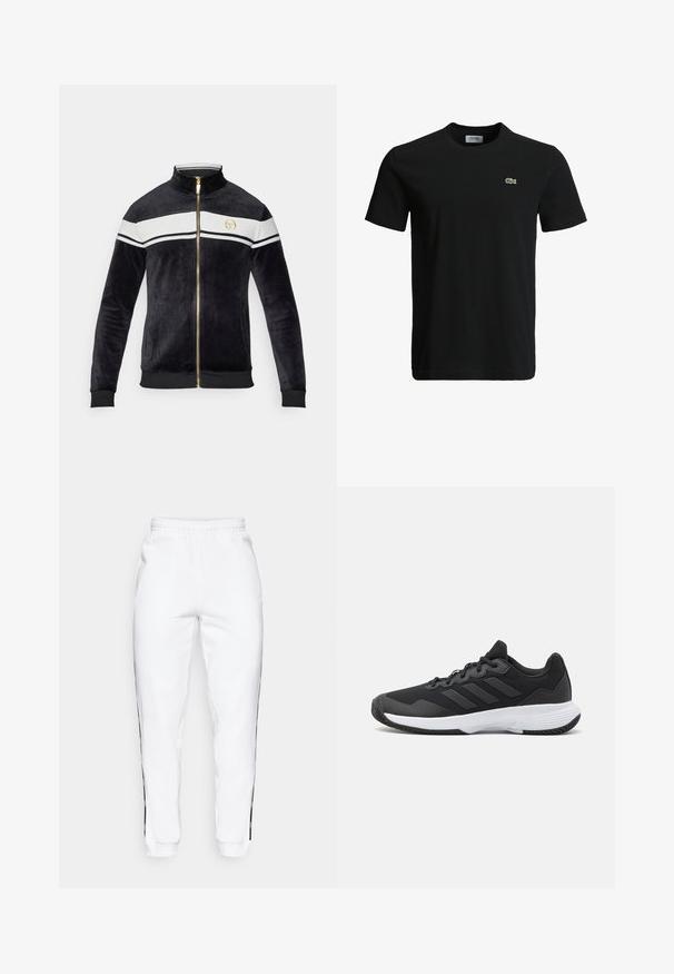 Svart sammet zip-up jacka med hög krage, vita ränder över bröstet, guldaccessoarer och logodetalj. Ribbstickade manschetter och nederkant.; Svart bomull t-shirt med rundad halsringning, korta ärmar och en liten grön krokodil-logotyp på vänster bröst. Slät textur, avslappnad design.; Vita gymbyxor med elastisk midja, med svarta sidostippar och muddar. Tillverkade av mjukt material med en slät yta.; Svart idrottssko med en texturerad ovandel, tre horisontella ränder och en vit sula med ett mönstrat grepp. Lätt och strömlinjeformad design.