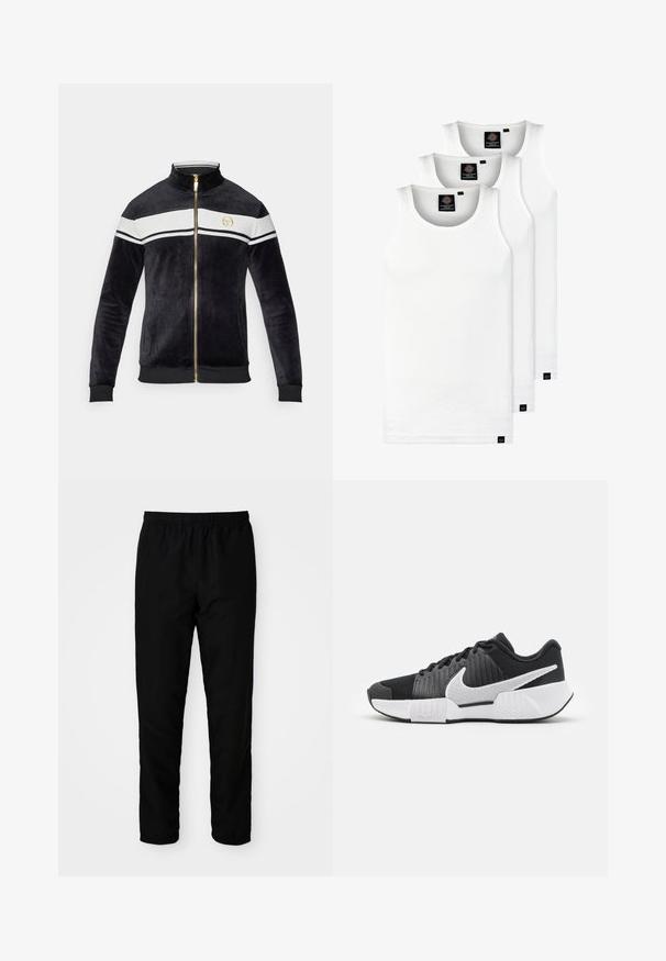 Schwarze Samt-Jacke mit Reißverschluss und hohem Kragen, weißen Streifen über der Brust, goldenen Beschlägen und Logodetail. Rippbündchen und Saum.; Drei weiße, gerippte Tanktops aus Baumwolle. Merkmale einen Rundhalsausschnitt und kleine schwarze Etiketten am Saum. In mehreren Größen erhältlich.; Schwarze Hose mit elastischem Bund und gerader Passform, aus glattem Stoff gefertigt, mit elastischen Bündchen an den Knöcheln und ohne sichtbare Taschen.; Schwarze Sportschuhe mit einer strukturierten Oberseite, weißem Swoosh-Logo, gepolstertem Fersenbereich und einer kontrastierenden weißen Sohle mit einem Zickzackmuster.