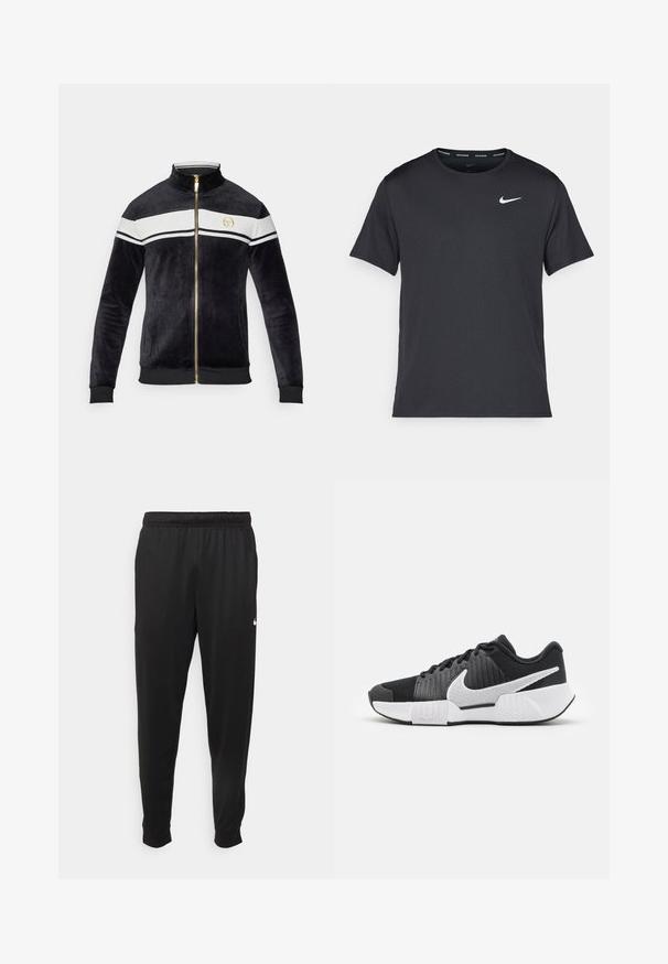 Black velvet zip-up jacket with high collar, white stripes across chest, gold hardware, and logo detail. Ribbed cuffs and hem.; Black Nike running T-shirt made of lightweight, breathable material, featuring short sleeves and a small white logo on the chest.; Black athletic pants made of smooth fabric, featuring an elastic waistband, tapered legs, and a small white logo on the left side.; Black athletic shoes with a textured upper, white swoosh logo, padded heel, and a contrasting white sole featuring a zigzag pattern.