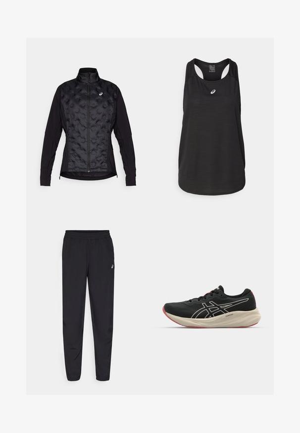 Černá bunda s nadýchaným, texturovaným předním dílem a hladkými rukávy. Má vysoký límec a zapínání na zip, navržena tak, aby poskytovala teplo a flexibilitu.; Černý sportovní top bez rukávů vyrobený z lehkého materiálu. Má kulatý výstřih, design s průramky a malé bílé logo na přední straně.; Černé sportovní kalhoty s elastickým pasem, tapered nohavicemi se manžetami, vyrobené z lehkého hladkého materiálu a s malým logem na stehně.; Černá běžecká obuv s síťovinovým svrškem a bílými akcenty. Obsahuje polstrovanou mezipodešev a červené detaily na podrážce. Lehké provedení.