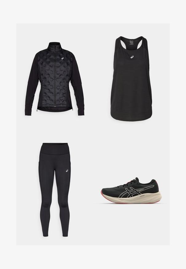 Black jacket with a puffy, textured front and smooth sleeves. Features a high collar and zip closure, designed for warmth and flexibility.; Black athletic tank top made of lightweight fabric. Features a round neckline, racerback design, and a small white logo on the front.; Black leggings with a high waistband, made from smooth, stretchy material. Features a subtle logo on the thigh and side pockets.; Black running shoe with a mesh upper and white accents. Features a cushioned midsole and red outsole detail. Lightweight design.