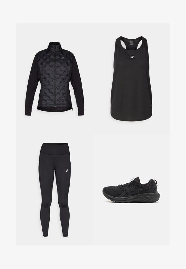 Black jacket with a puffy, textured front and smooth sleeves. Features a high collar and zip closure, designed for warmth and flexibility.; Black athletic tank top made of lightweight fabric. Features a round neckline, racerback design, and a small white logo on the front.; Black leggings with a high waistband, made from smooth, stretchy material. Features a subtle logo on the thigh and side pockets.; Black athletic shoes with a breathable mesh upper, structured sole, round toe, and a textured surface. Features black laces and logo details.