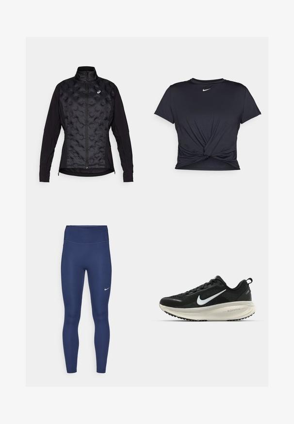 Black jacket with a puffy, textured front and smooth sleeves. Features a high collar and zip closure, designed for warmth and flexibility.; Black athletic t-shirt made of smooth fabric, featuring a knotted front design and a small white Nike logo on the chest.; Navy leggings with a high waistband, made of stretchy fabric. Features subtle stitching and a small white Nike logo on the left thigh.; Black Nike running shoe with breathable mesh upper, white swoosh logo, textured detailing, and a cream-colored ZoomX midsole.