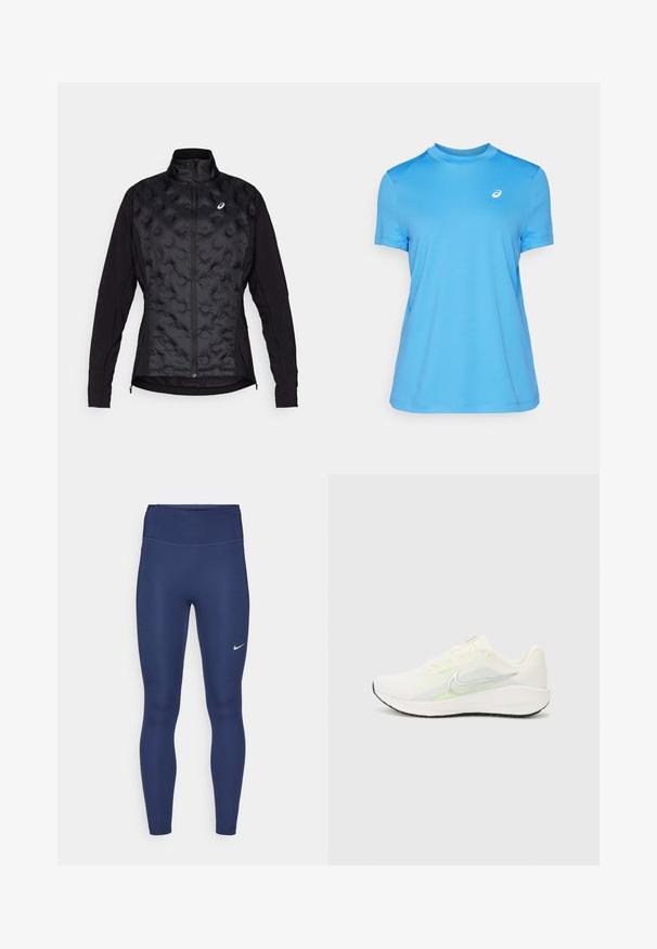 Črna jakna z nabranim, teksturiranim sprednjim delom in gladkimi rokavi. Ima visok ovratnik in zadrgo, zasnovana za toploto in fleksibilnost.; Modra kratka športna majica s kratkimi rokavi, okrog limi, gladke teksture in mrežastimi poudarki na ramenih. Ima majhen bel logotip na prsih.; Mornarske legice z visokim pasom, narejene iz raztegljive tkanine. Imajo subtilno šivanje in majhen beli Nike logo na levi stegnu.; Nike Performance DOWNSHIFTER 13 - Tekaški copati za cesto - sail/silver-coloured photon dust/summit white/barely volt/black