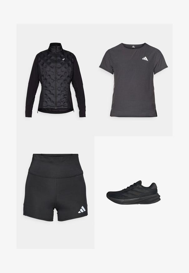 Veste noire avec un devant matelassé et texturé et des manches lisses. Dispose d'un col haut et d'une fermeture éclair, conçue pour la chaleur et la flexibilité.; T-shirt de sport à manches courtes, gris foncé avec une texture perforée. Présente un logo blanc et des rayures latérales contrastantes. Encolure arrondie.; adidas Performance Leggings - black; Baskets de sport noires avec un dessus en maille, une forme épurée, une semelle plate et trois bandes diagonales sur le côté. Design léger pour le confort.