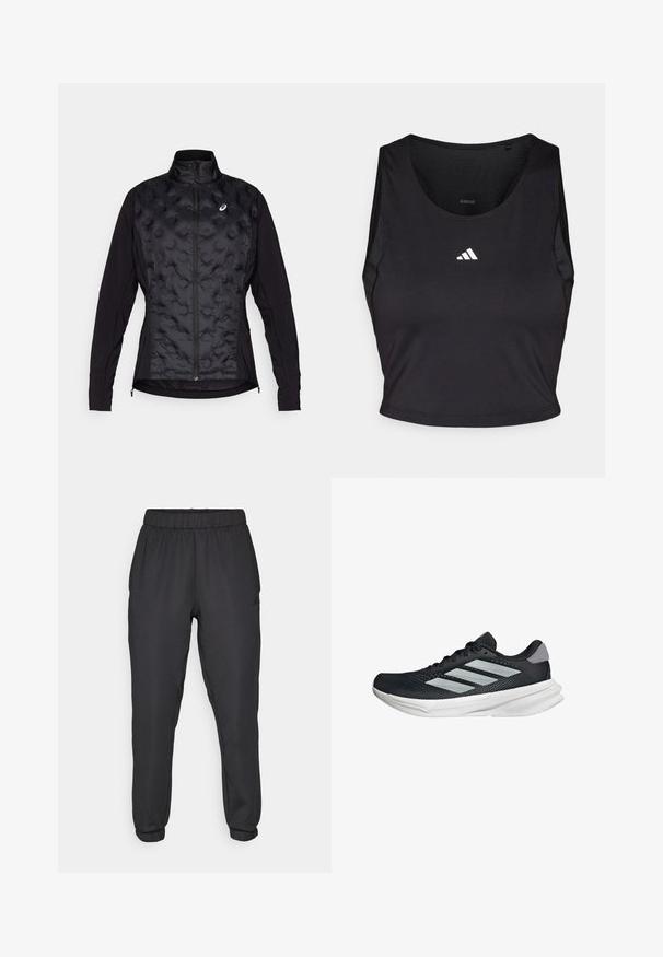 Černá bunda s nadýchaným, texturovaným předním dílem a hladkými rukávy. Má vysoký límec a zapínání na zip, navržena tak, aby poskytovala teplo a flexibilitu.; Černý sportovní crop top vyrobený z látky odvádějící vlhkost, s kulatým výstřihem, bez rukávů a bílým logem na hrudi.; Černé sportovní tepláky s elastickým pasem a lemy. Hladká textura, s logem na boku a zúženým střihem.; Černé běžecké boty s vrchní částí z prodyšné síťoviny, třemi stříbrnými pruhy, bílou mezipodešví a texturovanou podešví. Obsahují polstrovaný límec a šněrování.