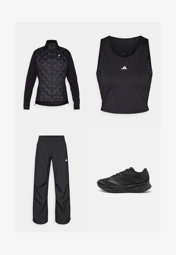 Veste noire avec un devant matelassé et texturé et des manches lisses. Dispose d'un col haut et d'une fermeture éclair, conçue pour la chaleur et la flexibilité.; Crop top de sport noir en tissu évacuant l'humidité, avec un col rond, sans manches, et logo blanc sur la poitrine.; Pantalons noirs, légers et imperméables avec une taille élastique, des poches latérales et des poignets ajustables. Présente un logo blanc sur la cuisse gauche.; Chaussure de course noire avec une tige en maille respirante, un bout arrondi, un design épuré, des accents texturés et une semelle rembourrée pour le confort.